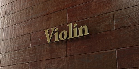 Wall Mural - Violin - Bronze plaque mounted on maple wood wall  - 3D rendered royalty free stock picture. This image can be used for an online website banner ad or a print postcard.