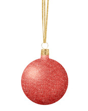 Red Glitter Christmas Decor Ball On Ribbon Isolated On White Bac