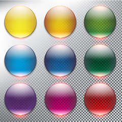abstract vector web buttons set of 9. isolated with realistic, transparent glass shine and shadow on
