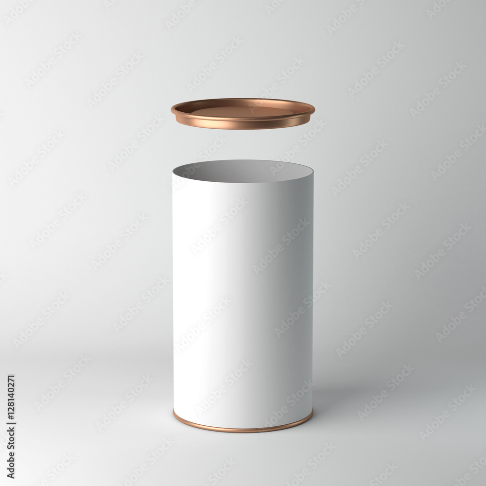 White cardboard Tin Can packaging Mockup with open metal copper lid. Tea, coffee, dry products, gift box. 3d rendering - obrazy, fototapety, plakaty 