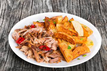 Poster - pulled slow-cooked pork grilled in oven with fried potato