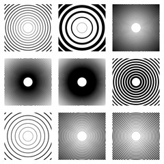 Poster - Concentric circles, radial lines pattern(s). Monochrome abstract