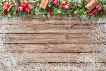 christmas background with decorations and gift boxes
