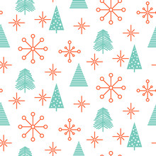 Christmas Trees And Red Snowflakes Seamless Vector Pattern. Green Fir-tree Scrapbook Paper Design. White Background.