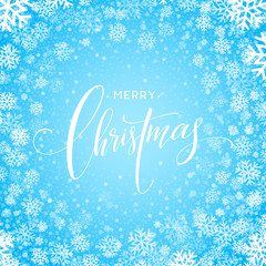 Wall Mural - Merry christmas handwritten text on background with snowflakes. Vector illustration