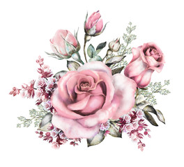 watercolor flowers. floral illustration in Pastel colors, pink rose. branch of flowers isolated on white background. Leaf and buds. Cute composition for wedding or bouquet for greeting card