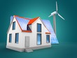3d illustration of solar and wind energy over blue background with modern house