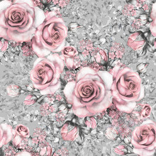 Seamless Pattern With Pink Flowers And Leaves On Gray Background, Watercolor Floral Pattern, Flower Rose In Pastel Color, Seamless Flower Pattern For Wallpaper, Card Or Fabric