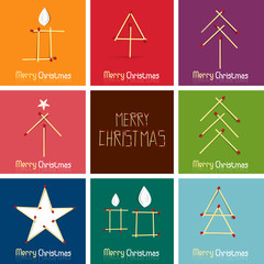 Sticker - Xmas Paper Cover Design. Christmas Trees Set Made from Safety Matches on Colorful Backgrounds.