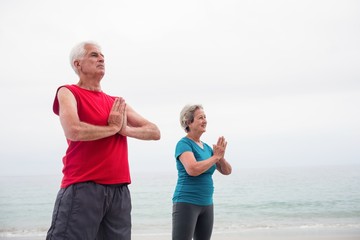 Wall Mural - Senior couple in lotus position on the beach