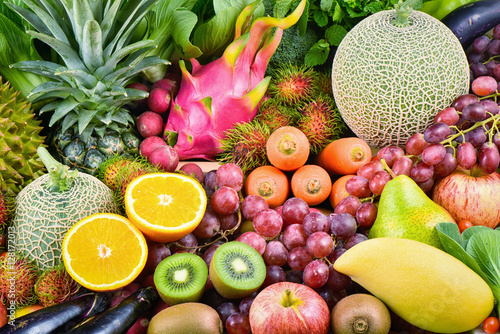 Naklejka - mata magnetyczna na lodówkę Arrangement tropical fruits and vegetables for healthy