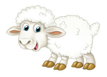 Cartoon Happy Sheep Is Standing Looking And Smiling - Artistic Style - Isolated - Illustration For Children