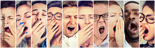 Cuadros en Lienzo Multiethnic group of sleepy people women men yawning looking bored
