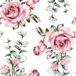 Seamless pattern with pink flowers and leaves on white background, watercolor floral pattern, flower rose in pastel color, seamless flower pattern for wallpaper, card or fabric