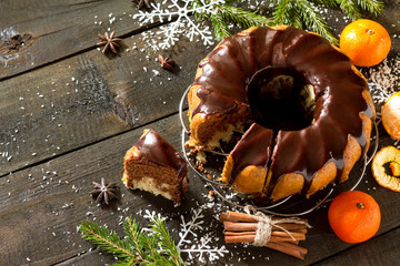 Traditional homemade cupcake with chocolate icing. Christmas hol