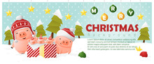 Merry Christmas And Happy New Year Background With Pig Family , Vector , Illustration