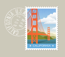 California Postage Stamp Design. Vector Illustration Of Golden Gate Bridge. Grunge Postmark On Separate Layer