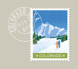 Wall Mural - Colorado postage stamp design. Detailed vector illustration of skiing in mountains. Grunge postmark on separate layer