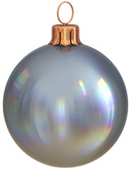 Christmas ball New Year's Eve bauble silver decoration shiny wintertime hanging adornment sphere souvenir white. Traditional ornament happy winter holidays Merry Xmas symbol closeup. 3d illustration