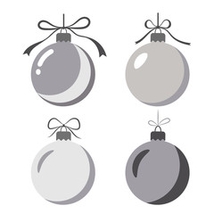 Wall Mural - christmas tree ball with bow icons set. gray baubles decoration, isolated on white background. symbo