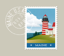 Maine Postage Stamp Design. Vector Illustration Of Lighthouse And Atlantic Coast. Grunge Postmark On Separate Layer