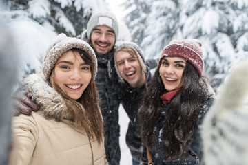 Friends Taking Selfie Photo Smile Snow Forest Young People Group Outdoor Winter Pine Woods