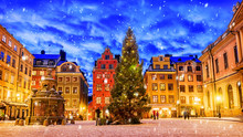 Stortorget Square Decorated To Christmas Time At Night, Stockhol