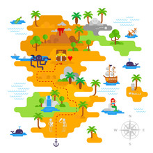 Pirate Treasure Map Vector Flat Design With Pirate’s Icons, Vector Stock Illustration