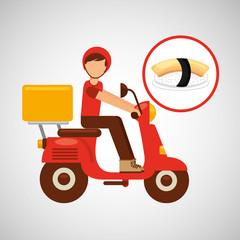 Poster - delivery boy ride motorcycle nigiri sushi vector illustration eps 10