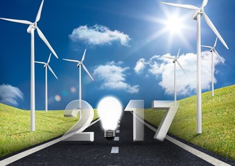 Wall Mural - Composite image of 2017 with windmill farm