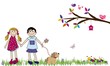 © Lola Fdez. Nogales - Niños alegres con perro, ciempiés y rama de árbol.
