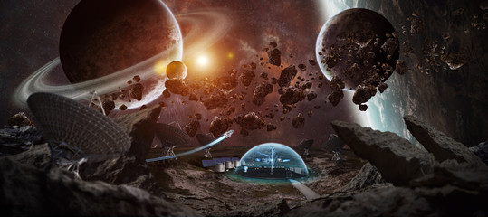 Observatory station in space 3D rendering elements of this image