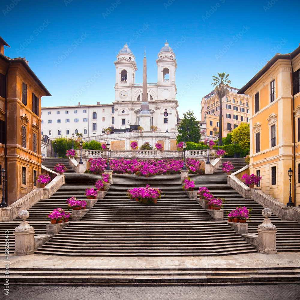 Spanish steps with azaleas at sunrise, Rome - obrazy, fototapety, plakaty 