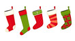 Christmas stockings red green colors. Hanging holiday decorations for gifts.