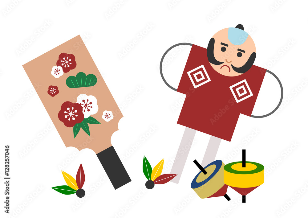 日本のお正月遊びのイラスト: 羽子板・凧・コマ の Stock ベクター