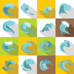  Sea waves icons set. Flat illustration of 16 sea waves vector icons for web