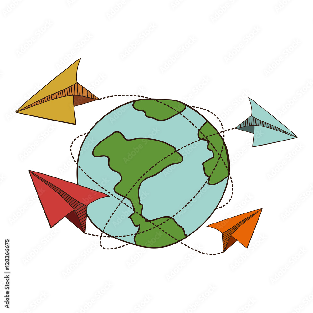 colorful map of the world and planes of paper vector illustration