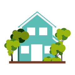 silhouette with aquamarine house of two floors with trees vector illustration