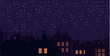 Silhouette of the city and night sky. Falling snow. Cat on the roof.