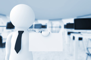 Poster - 3d Businessman in Office Showing a Blank Business Card. 3d Rende