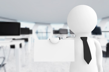 Fototapete - 3d Businessman in Office Showing a Blank Business Card. 3d Rende