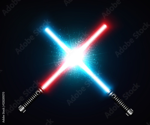 Photographie Two crossed laser swords fight red and blue