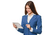 © nikolas_jkd - Attractive smiling girl in blue suit using tablet. Woman with tablet pc, isolated on white background