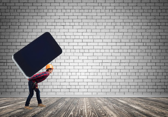 Builder man carry huge smartphone