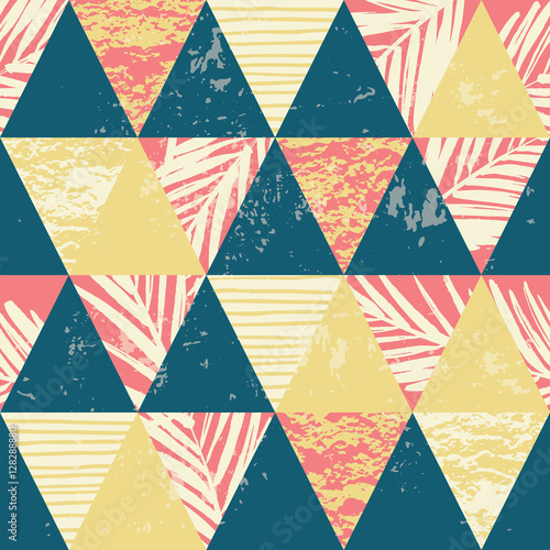 Naklejka nad blat kuchenny Seamless exotic pattern with palm leaves on geometric background