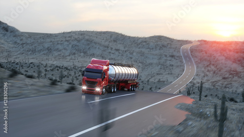 Plakat Benzyna cysterna, przyczepa olejowa, ciężarówka na autostradzie. Bardzo szybka jazda. 3d rendering.