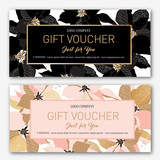 Fototapeta  -  Gift voucher. Birthday card. Coupon template.  Background for the invitation, shop, beauty salon, spa. Black and pink poinsettia on a white background.