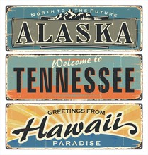 Vintage Tin Sign Collection With USA State. All States. Alaska. Tennessee. Hawaii. Retro Souvenirs Or Old Paper Postcard Templates On Rust Background. States Of America.