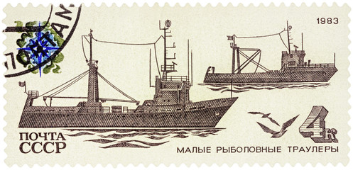 Sticker - Coastal trawlers on postage stamp