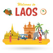 Laos travel landmarks. Flat design style. Illustration of Wat Phra That Luang, Patuxay monument in 
Vientiane and traditional costume of Laos.